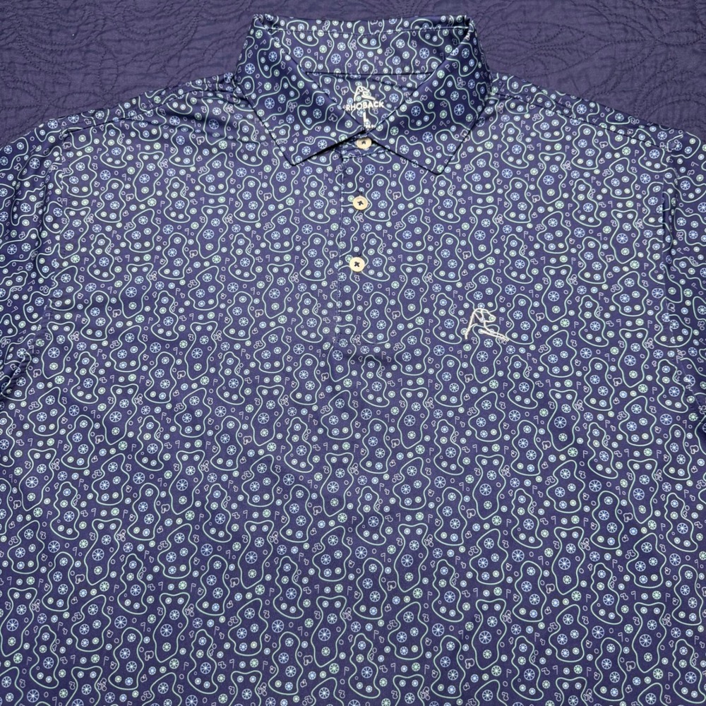 Rhoback Large Performance Golf Course Print Polo Blue Geometric Short Sleeve